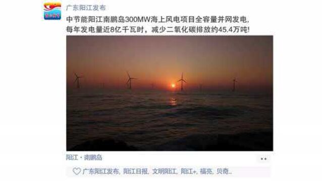 中节能阳江南鹏岛300MW海上风电项目全容量并网发电.