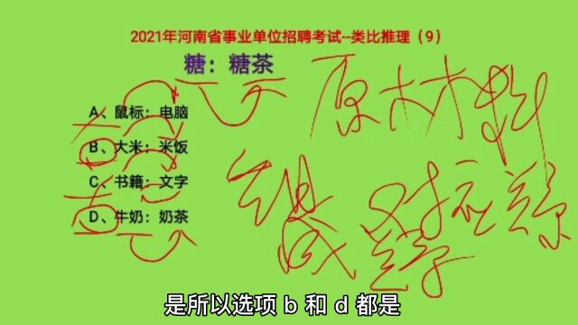 2021年河南省事业单位招聘考试,类比推理9,茶:糖茶,什么关系呢