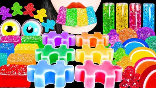 自制彩虹甜点DIY PUZZLE NIK-L-NIPS HONEY JELLY，KOHAKUTO EATING DRINKING SOUNDS吃播