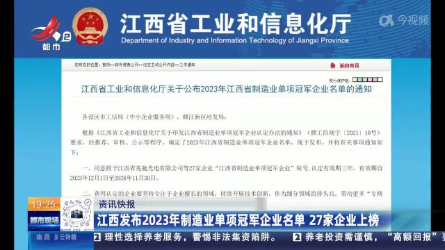 江西发布2023年制造业单项冠军企业名单 27家企业上榜