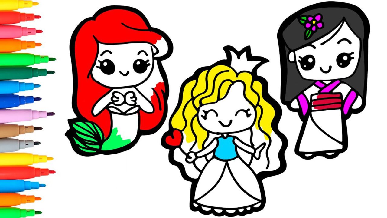 真有趣!来给3位可爱的迪士尼小公主涂上好看的颜色吧!