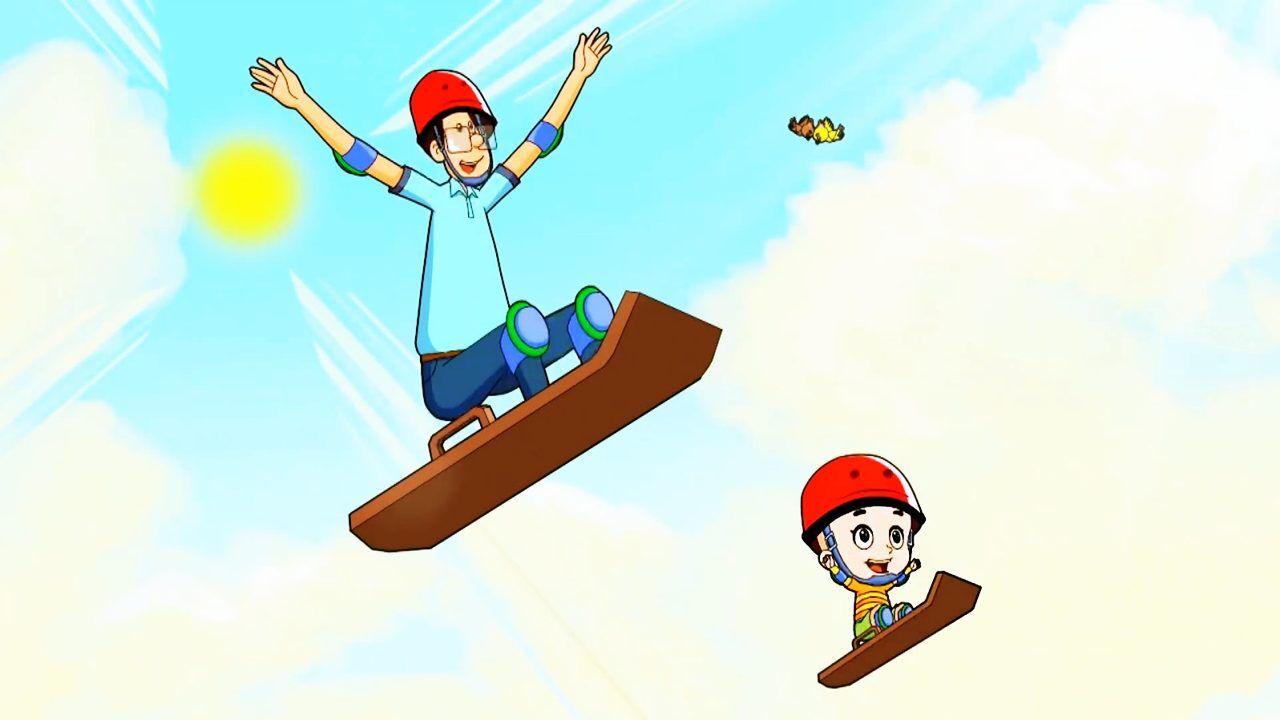 父子俩野外滑草,做好安全措施,玩的就是开心