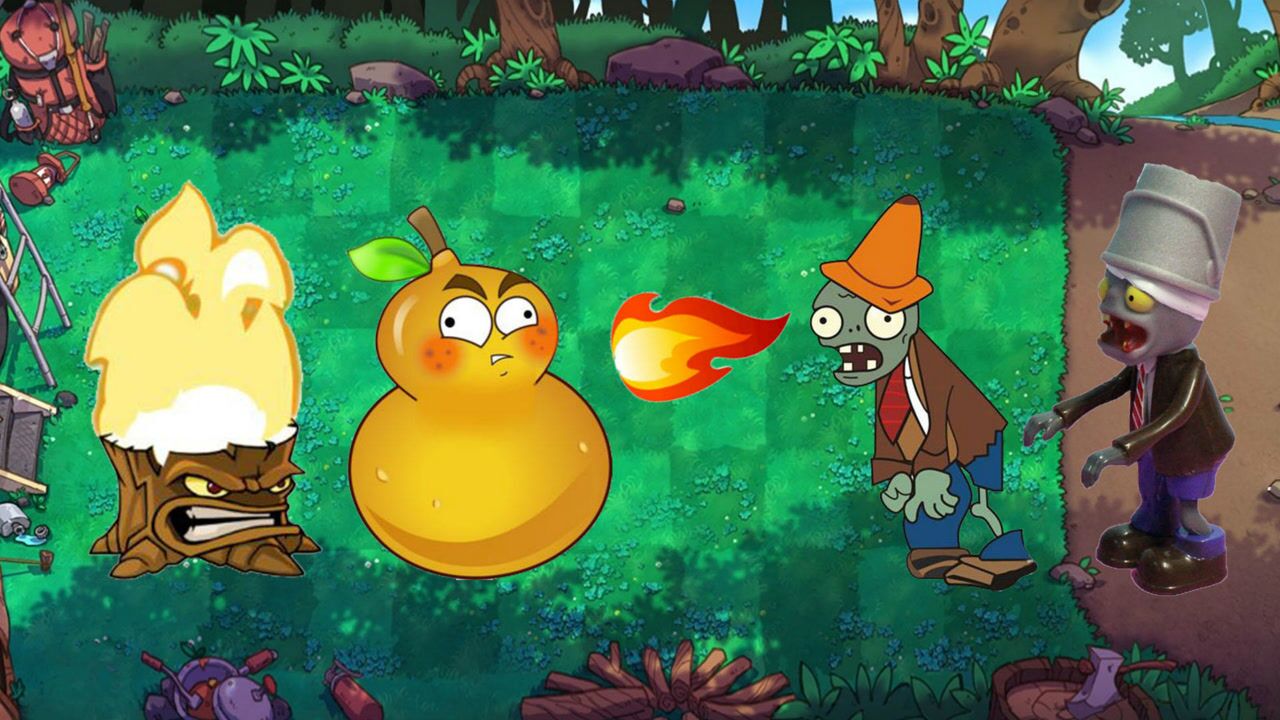 植物大战僵尸玩具,火葫芦火炬树桩大战铁桶僵尸路障僵尸