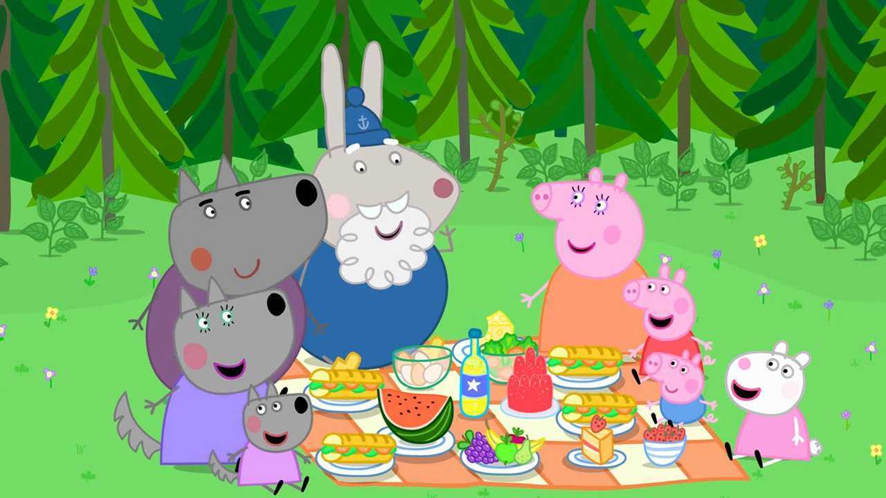 简笔画:小猪佩奇家和温蒂家进行集体野餐,佩奇带了面包西瓜果冻