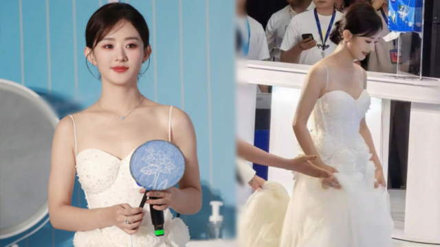 赵丽颖白色抹胸吊带裙火出圈,温婉大气白月光,提裙上台像结婚现场