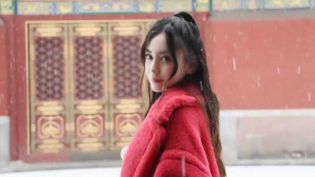 杨颖绿洲晒故宫雪景侧颜照 一身红衣尽显优雅可爱