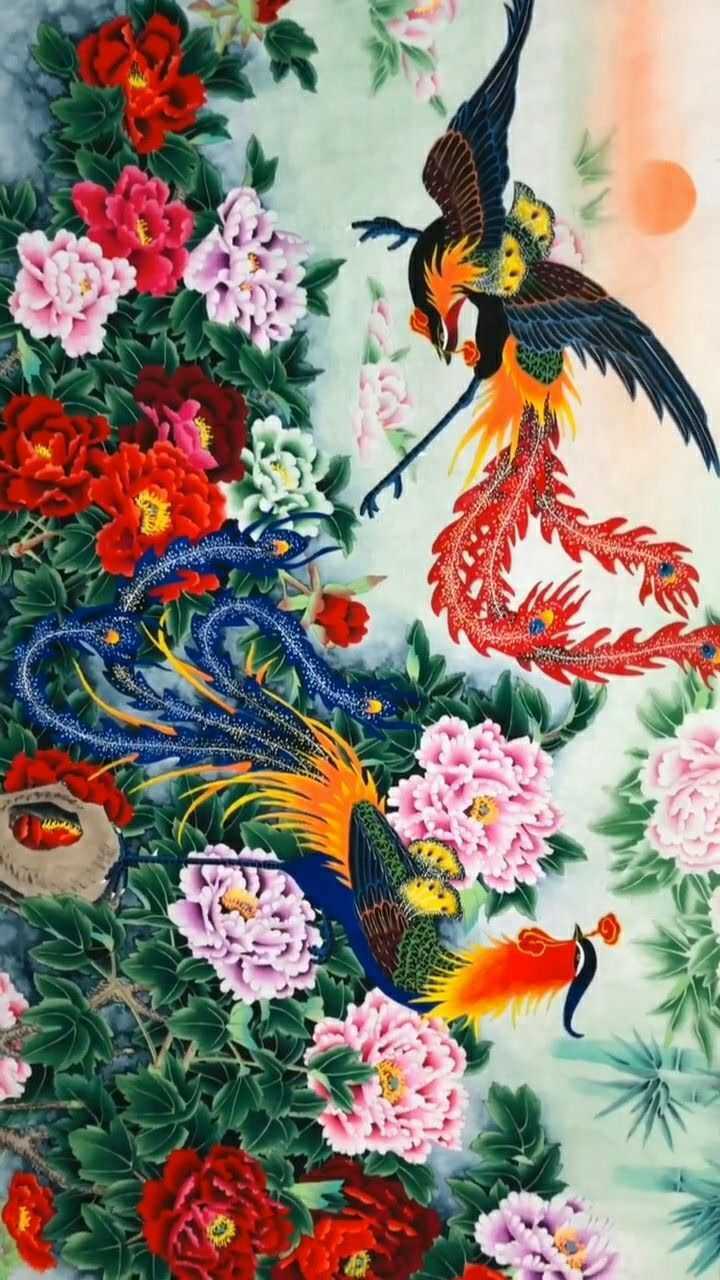 工笔画小伙绘画的凤凰图,非常鲜艳