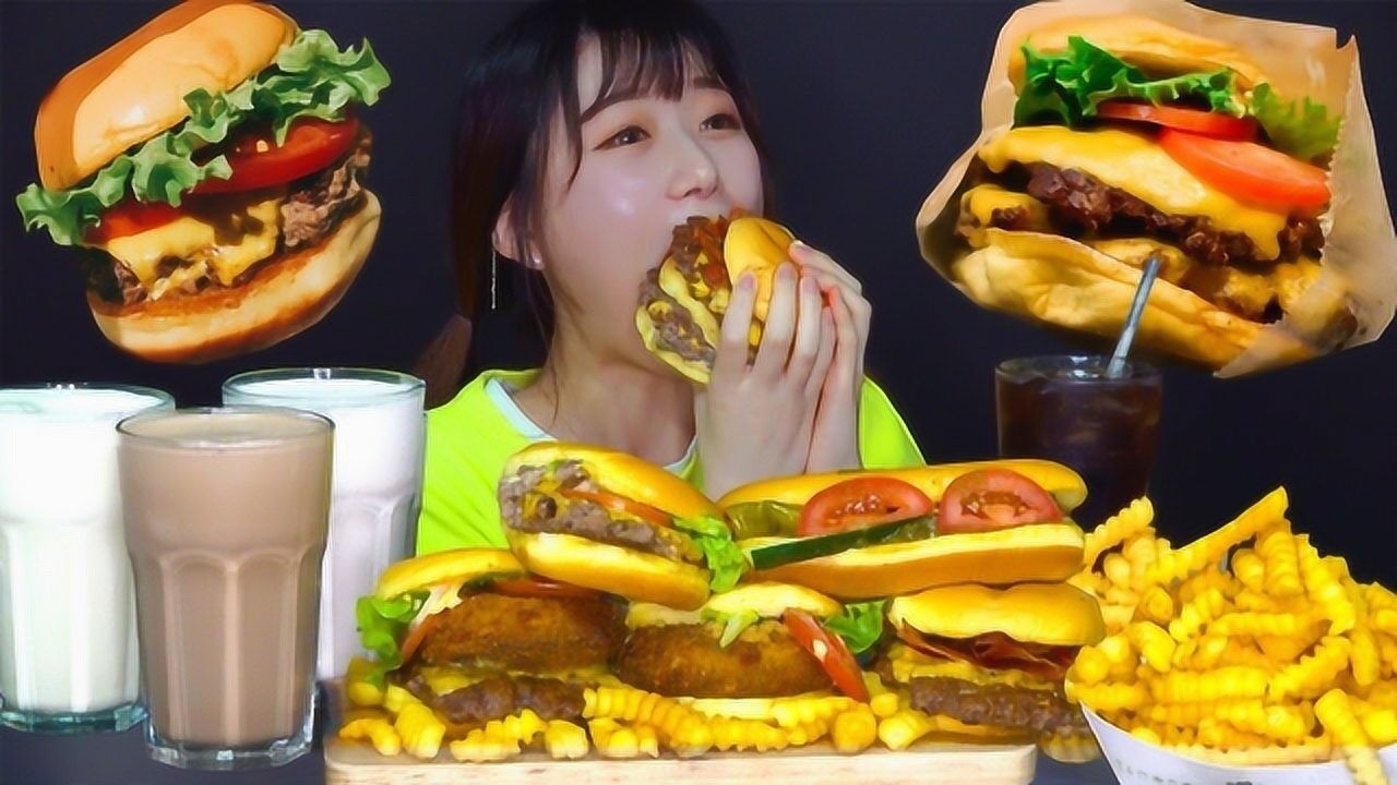 韩国吃播美女的汉堡薯条和冷饮一起吃,真的很过瘾