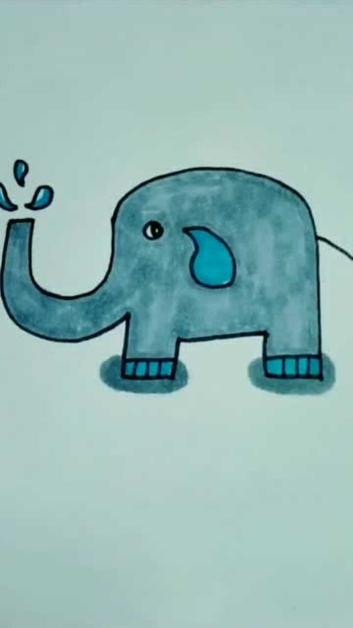 儿童简笔画,用英文字母"u"画玩水的大象