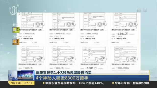 贾跃亭兄弟1.4亿股乐视网股权拍卖:4个神秘人砸近8300万接手