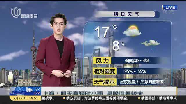 上海:明天有短时小雨 早晚温差较大