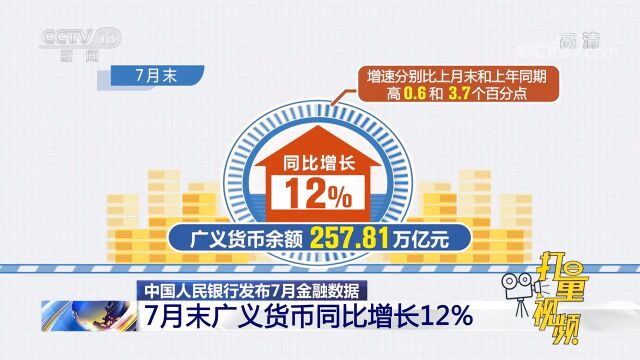 中国人民银行发布7月金融数据:7月末广义货币同比增长12%