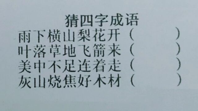 猜四字成语:雨下横山梨花开,美中不足连着走,灰山烧焦好木材?