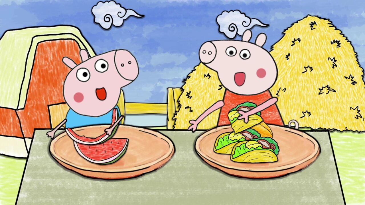 手绘定格动画:佩奇和乔治开盲盒美食,佩奇吃水果玉米卷,乔治吃大西瓜_高清1080P在线观看平台_腾讯视频
