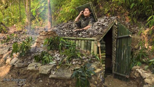 「福利姐勇闯荒野」土堆竹屋篇1 土坡下建造精美竹屋,被野猪打扰而失眠