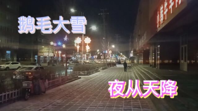 在河北坝上康保,元宵节后又降雪,看傍晚的路灯下的雪景