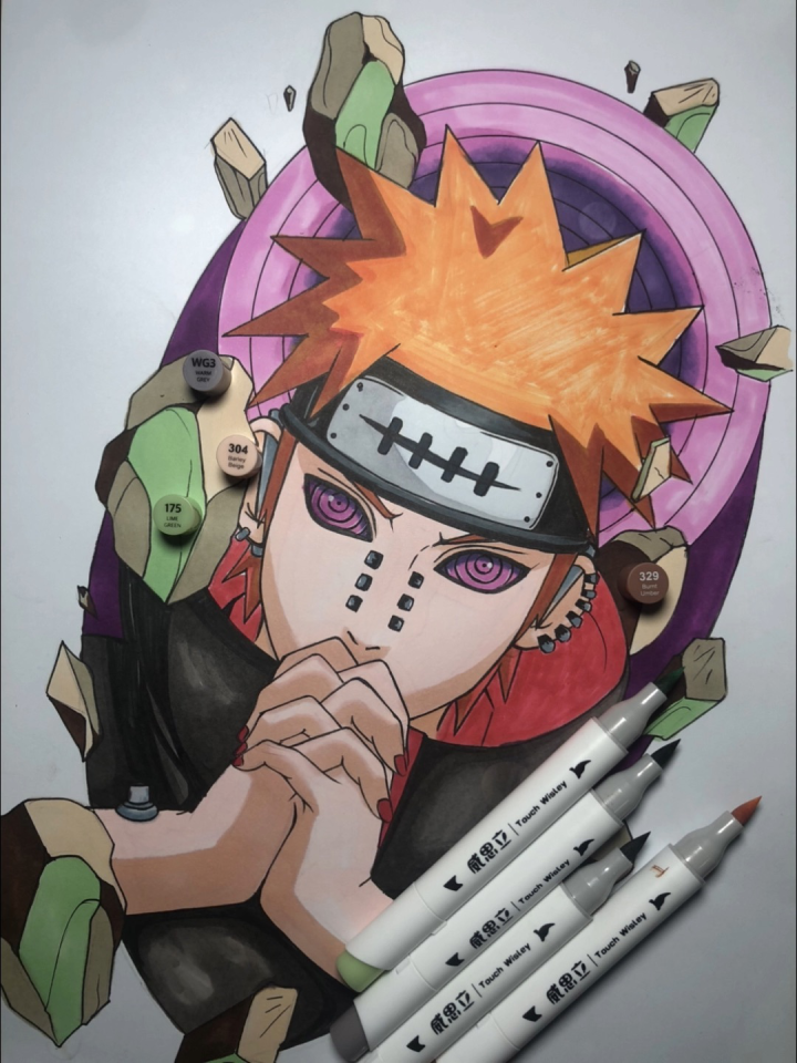 火影忍者动漫人物佩恩上色绘画过程图.