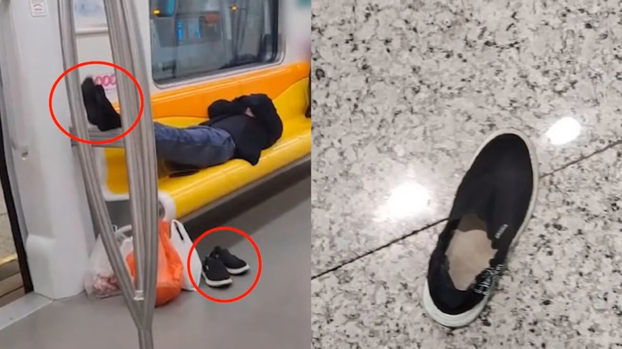 男子脱鞋脚搭扶手横躺地铁座椅,乘客悄悄将鞋子踢出车厢:看不惯