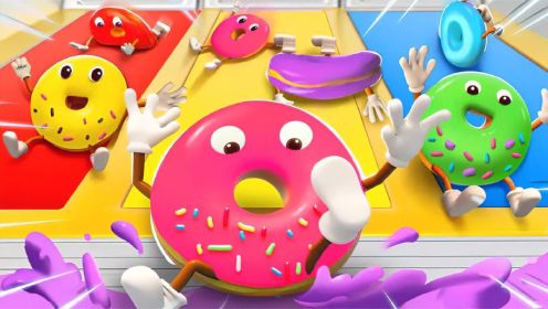 儿童益智动画：甜甜圈滑进巧克力池里，变成了彩虹色