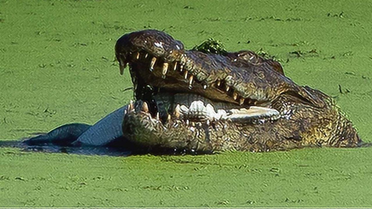 大鳄鱼惨遭8米巨型蟒蛇吞食,鳄鱼顶破巨蟒肚子