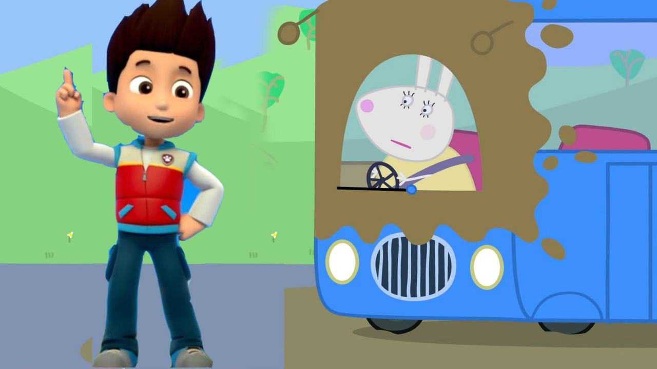 汪汪队立大功兔小姐的车陷入泥潭里了莱德队长来救援佩奇简笔画