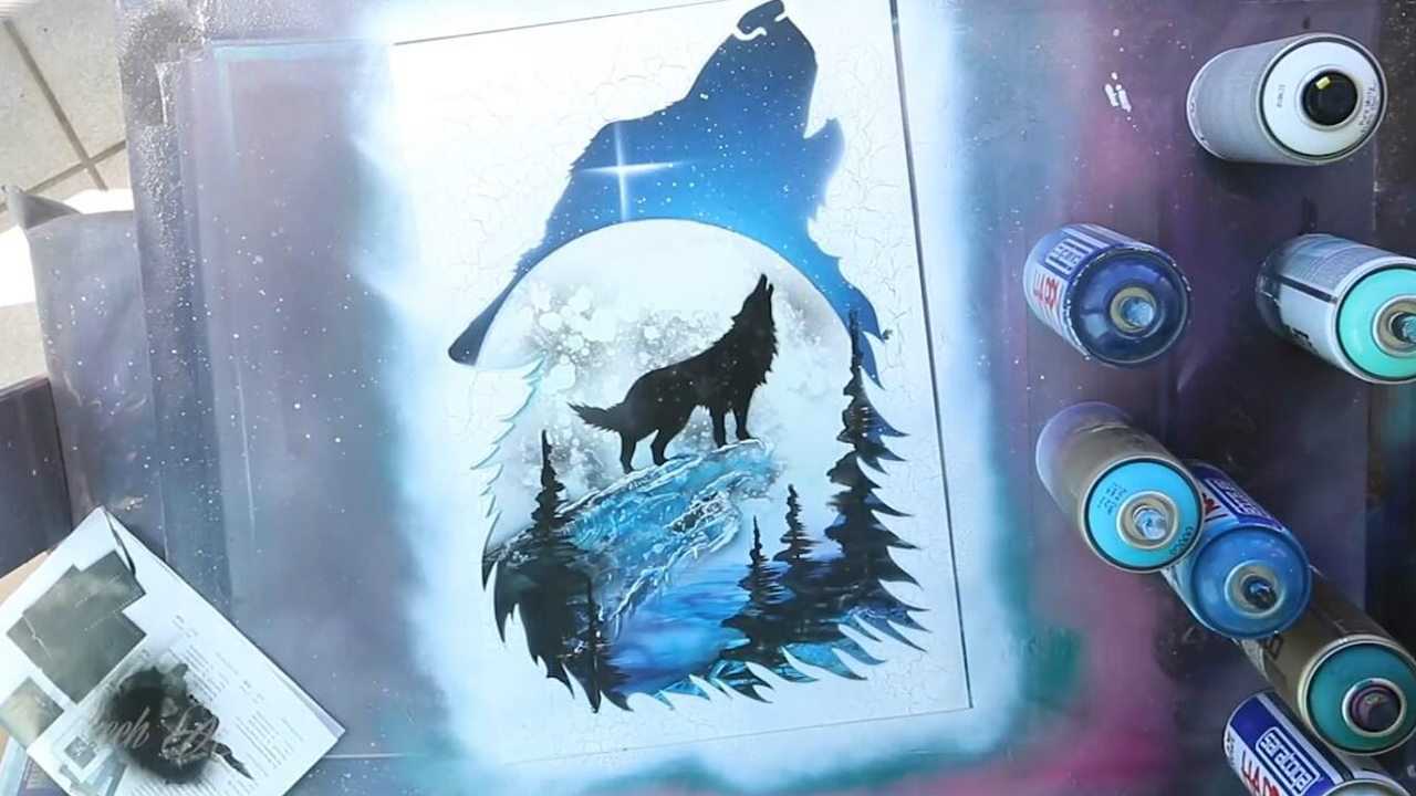 亦幻亦真的喷漆彩色画满月与嚎叫的狼太唯美了