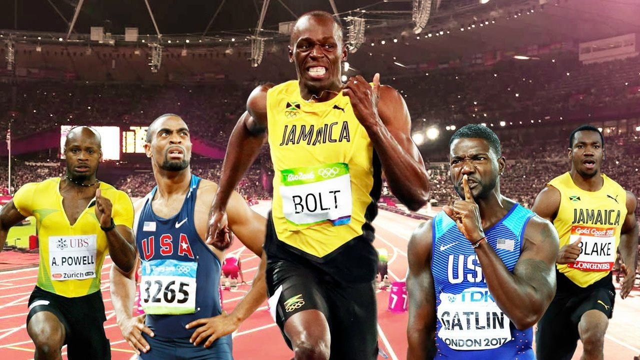 百米五虎各自最快成绩加特林9秒74垫底榜首博尔特9秒58