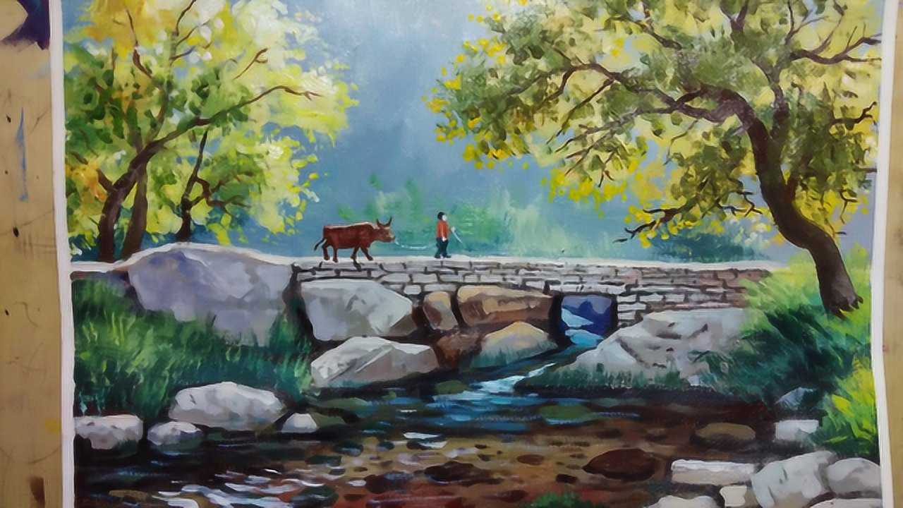 小桥流水风景丙烯画技法视频过程1