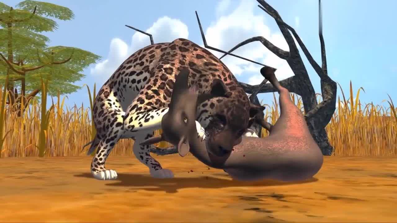 动画:冰河世纪剑齿虎与安氏中兽搏斗,剑齿虎凭长牙胜出