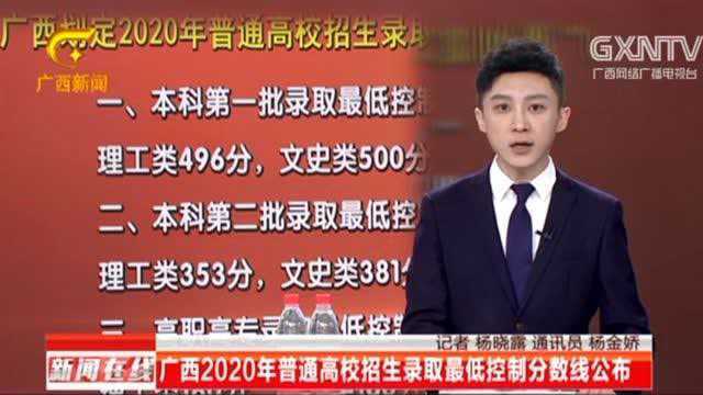 广西2020年普通高校招生录取最低控制分数线公布