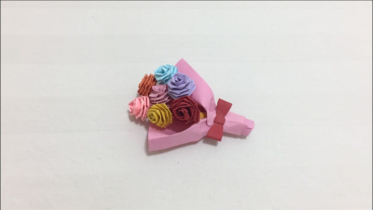 手工diy:超迷你折纸玫瑰花束,小巧精致还没巴掌大,步骤很简单
