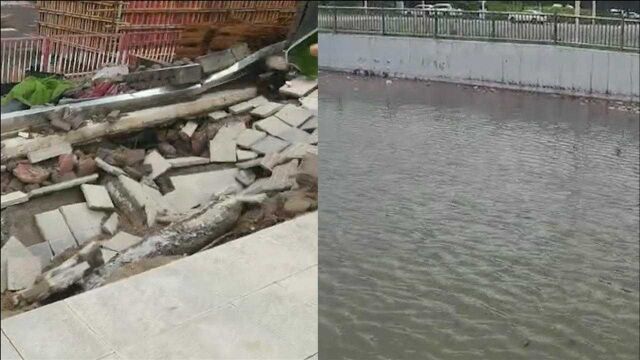 记者直击暴雨后的郑州:莲湖路隧道积水严重,附近工地人行道路面有坍塌