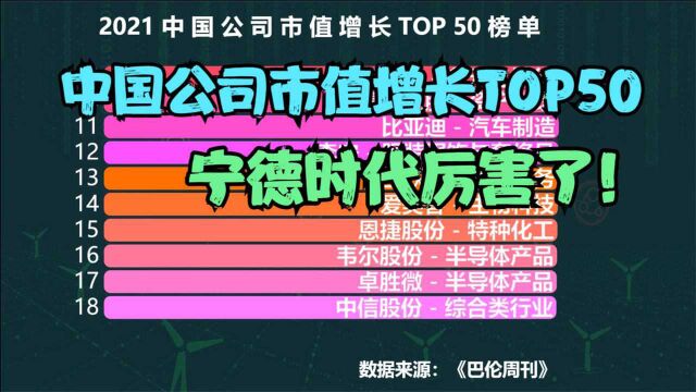 2021年中国市值增长最快的50家公司,宁德时代夺冠,看看还有谁?