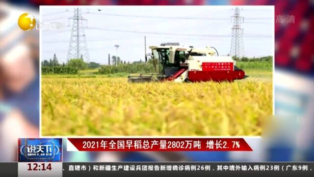 2021年全国早稻总产量2802万吨,增长2.7%