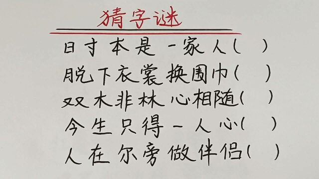 猜谜语:脱下衣服换毛巾,双木非林心相随,各打一字