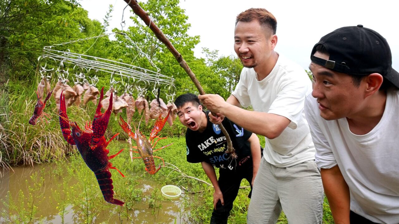 趣味挑战,小伙用晾衣架来钓龙虾!