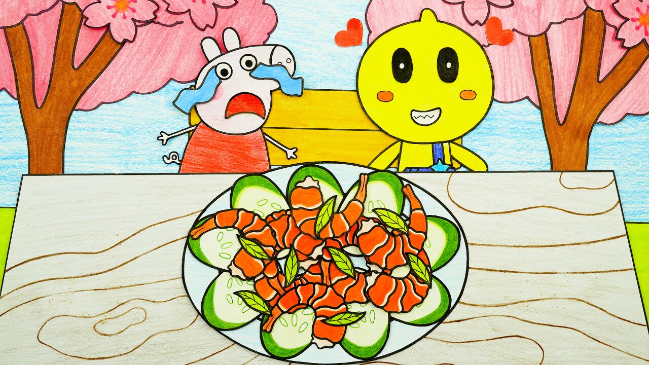 手绘定格动画:龙井虾仁太好吃了,豆乐一口气全吃光