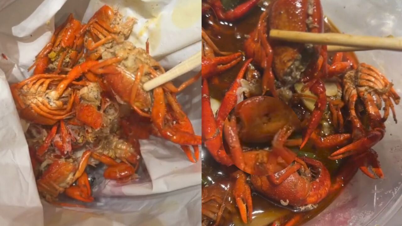 外卖小龙虾现13只虾头无虾尾,女子质疑二次加工,商家:从业9年第1次见