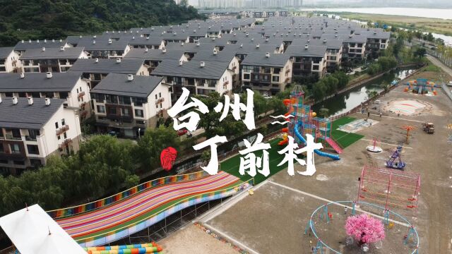 航拍台州市路桥区桐屿街道丁前村,村口配套了个超大的飞龙湖亲子乐园