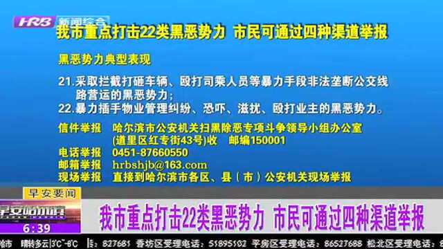 哈尔滨市重点打击22类黑恶势力 市民可通过四种渠道举报