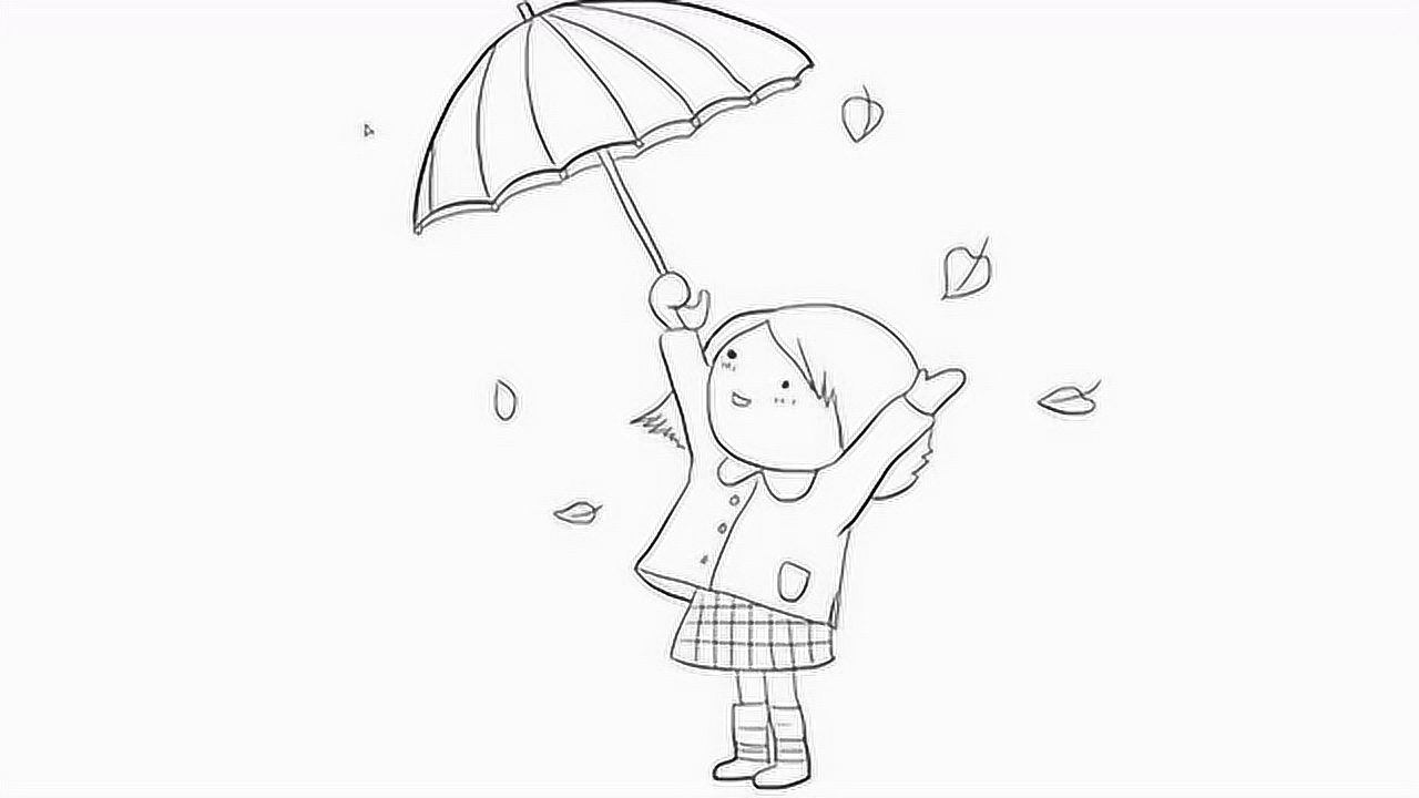 雨天里打伞的卡通女孩儿童亲子简笔画