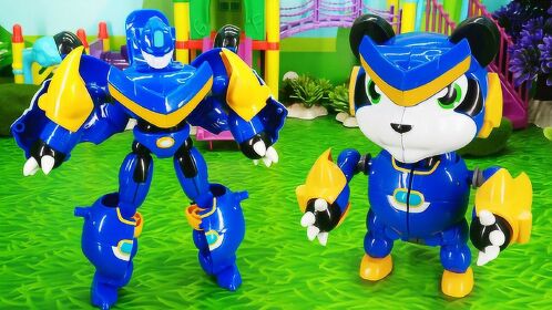 猪猪侠超星萌宠蓝色机械人变身q版石甲熊!