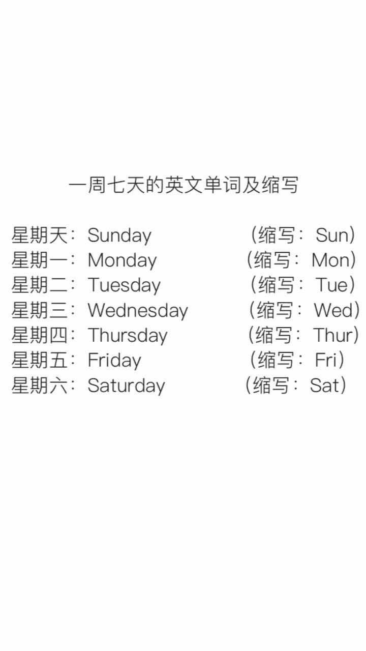 腾讯视频】 一周七天的英文及缩写
