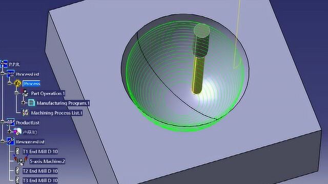 CATIA数控编程教学,凹球面螺旋铣一刀流刀路