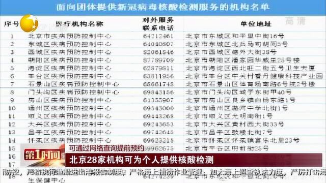 北京28家机构可为个人提供核酸检测,可通过网络查询提前预约