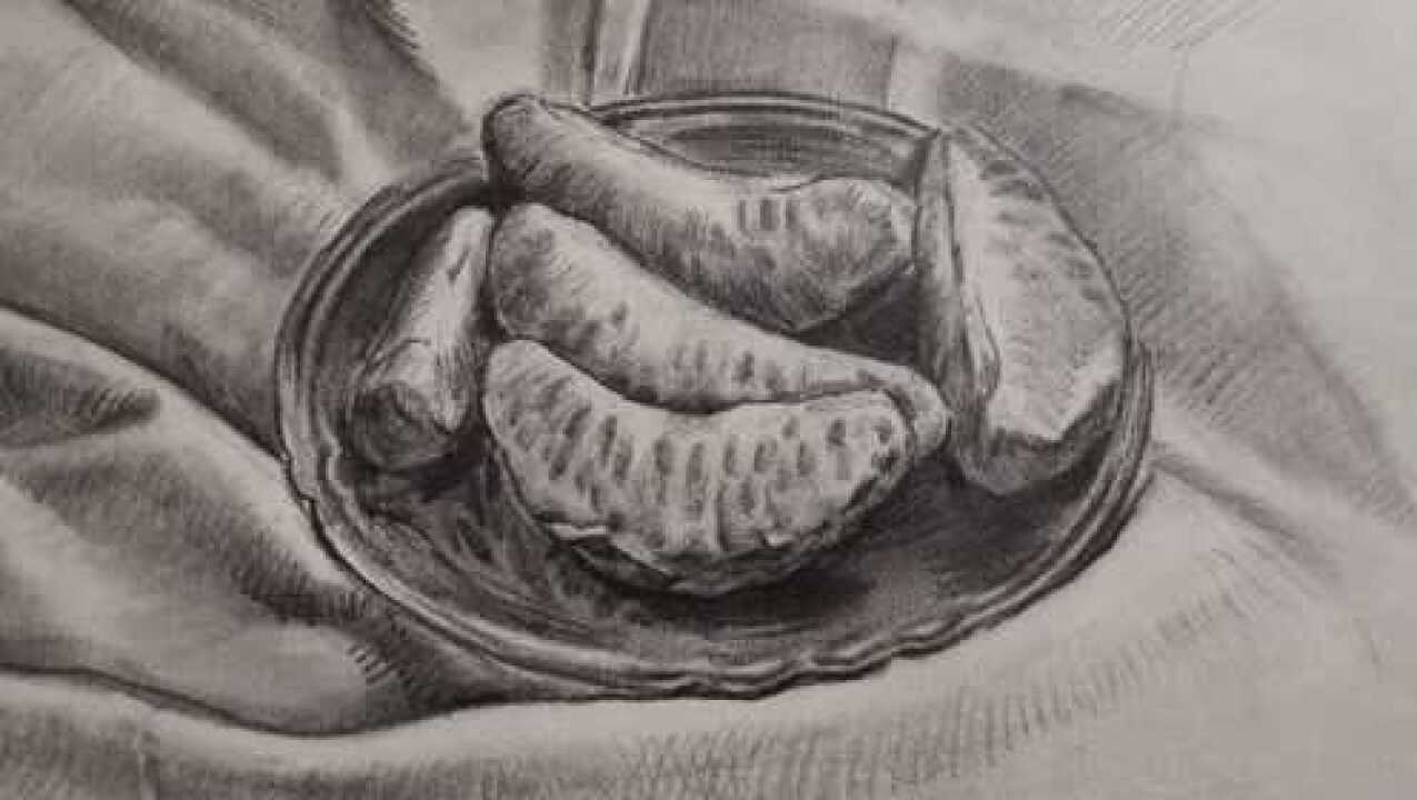 原创素描静物写生视频1盘子上的橘子瓣
