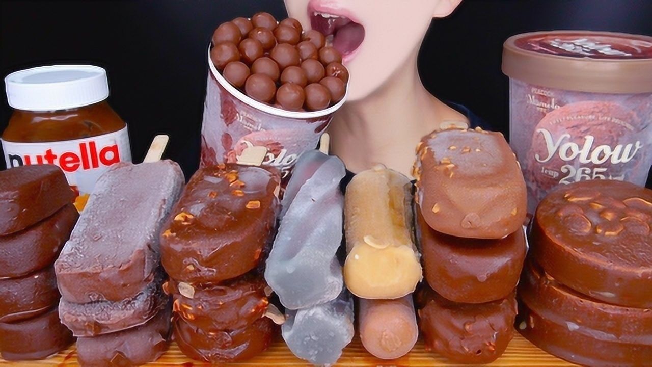韩国声控吃播！巧克力脆皮冰淇淋冰棍雪糕巧克力酱巧克力球_高清