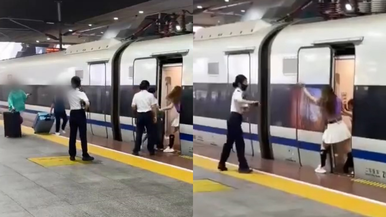 女子伸腿强行阻止高铁关门,试图等待同行人上车,现场画面曝光_腾讯新闻