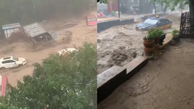 北京门头沟突降暴雨,山洪爆发河水暴涨,大量汽车被湍急洪水冲走