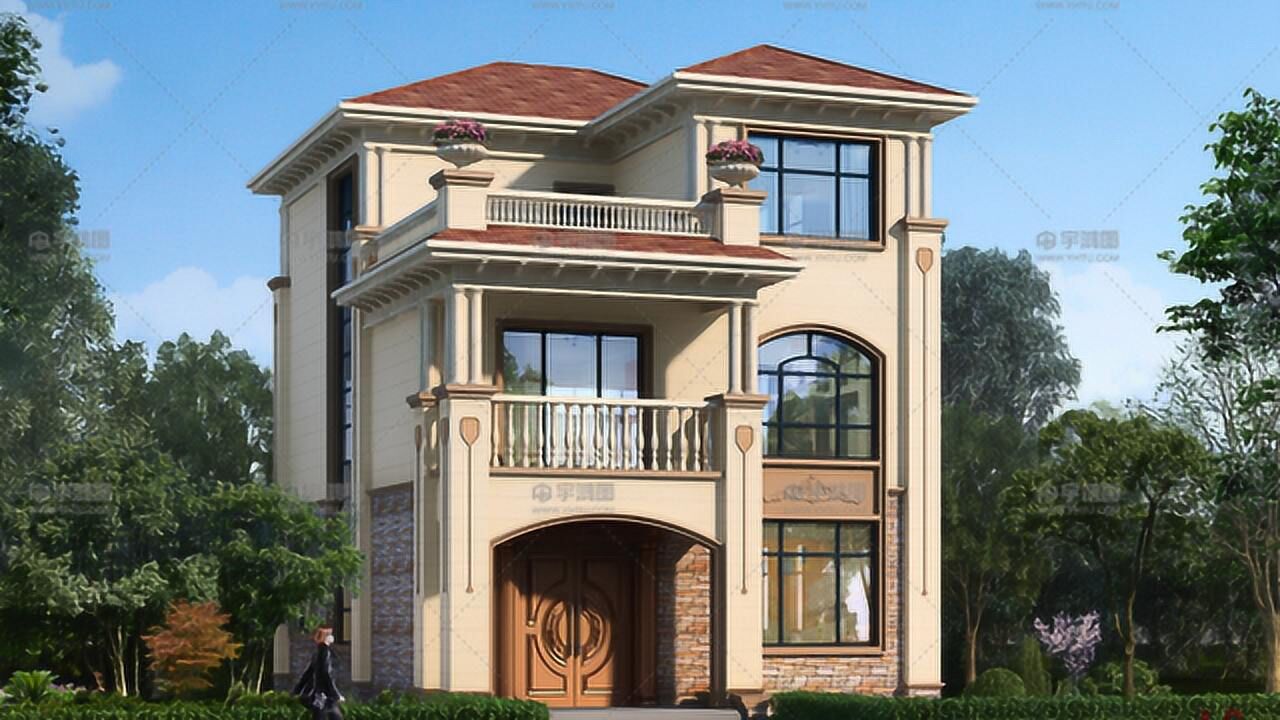 一百平的三层漂亮欧式别墅,侧面通窗设计很有特色!